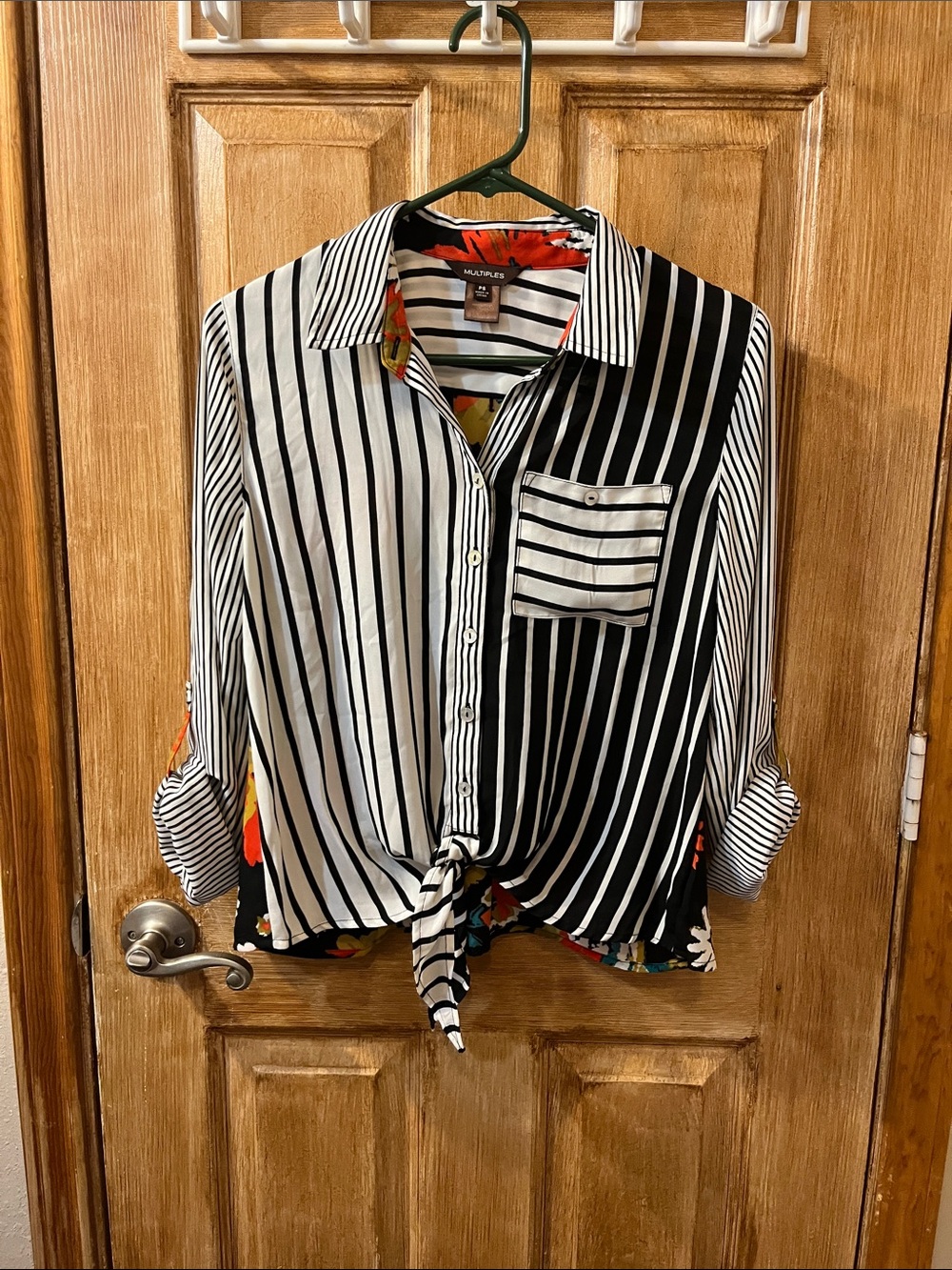 Multiples Black & White Striped Blouse with Red Floral Trim & Back